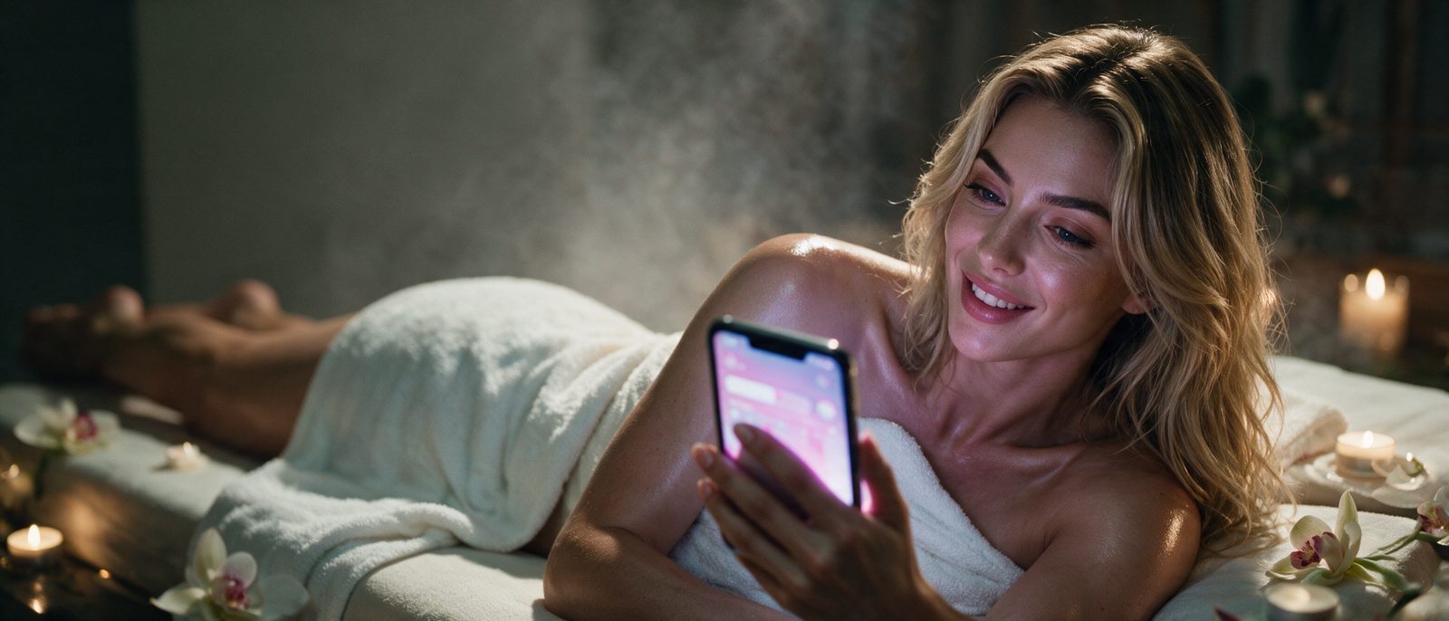 Modelo generada por IA con un smartphone en una sala de masajes de un spa de lujo — ilustración editorial