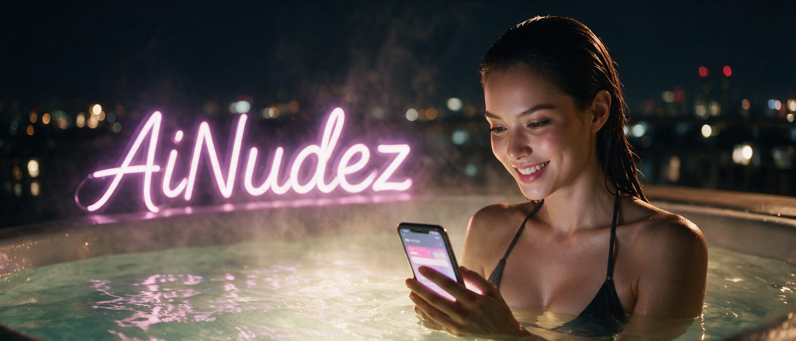 Modelo generada por IA con un smartphone en un jacuzzi en una azotea nocturna, junto al rótulo estilizado de AiNudez — ilustración editorial