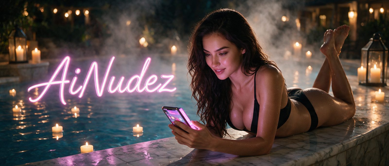 Modelo generada por IA con un smartphone en una piscina nocturna con velas, junto al rótulo estilizado de AiNudez — ilustración editorial