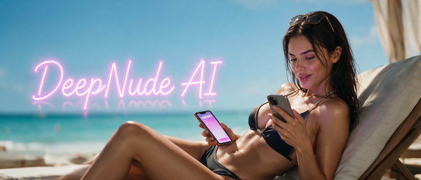 Modelo generada por IA con un smartphone en una cama balinesa en un club de playa, junto al rótulo estilizado de DeepNude AI — ilustración editorial