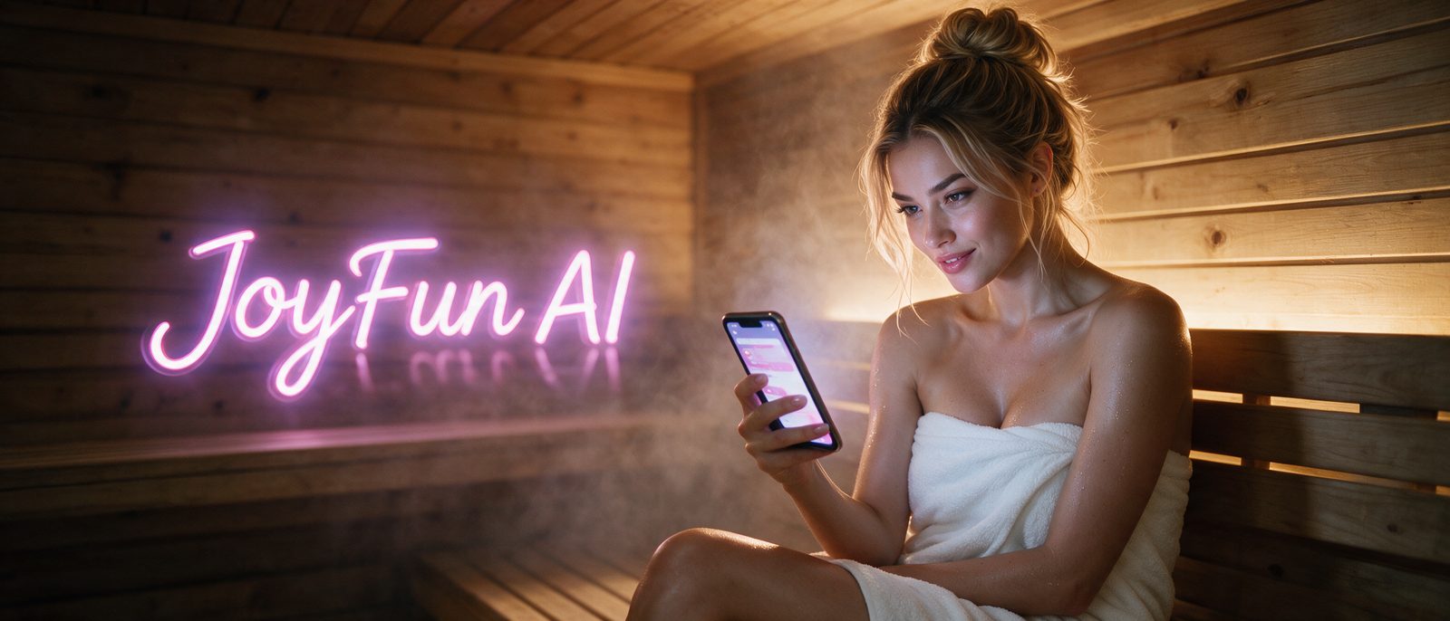 Modelo generada por IA con un smartphone en una sauna de madera con vapor cálido, junto al rótulo estilizado de JoyFun AI — ilustración editorial