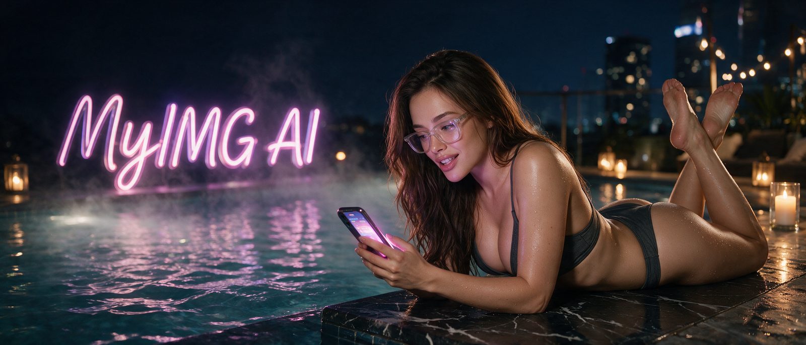 Modelo generada por IA con un smartphone en una piscina nocturna con velas, junto al rótulo estilizado de MyIMG AI — ilustración editorial