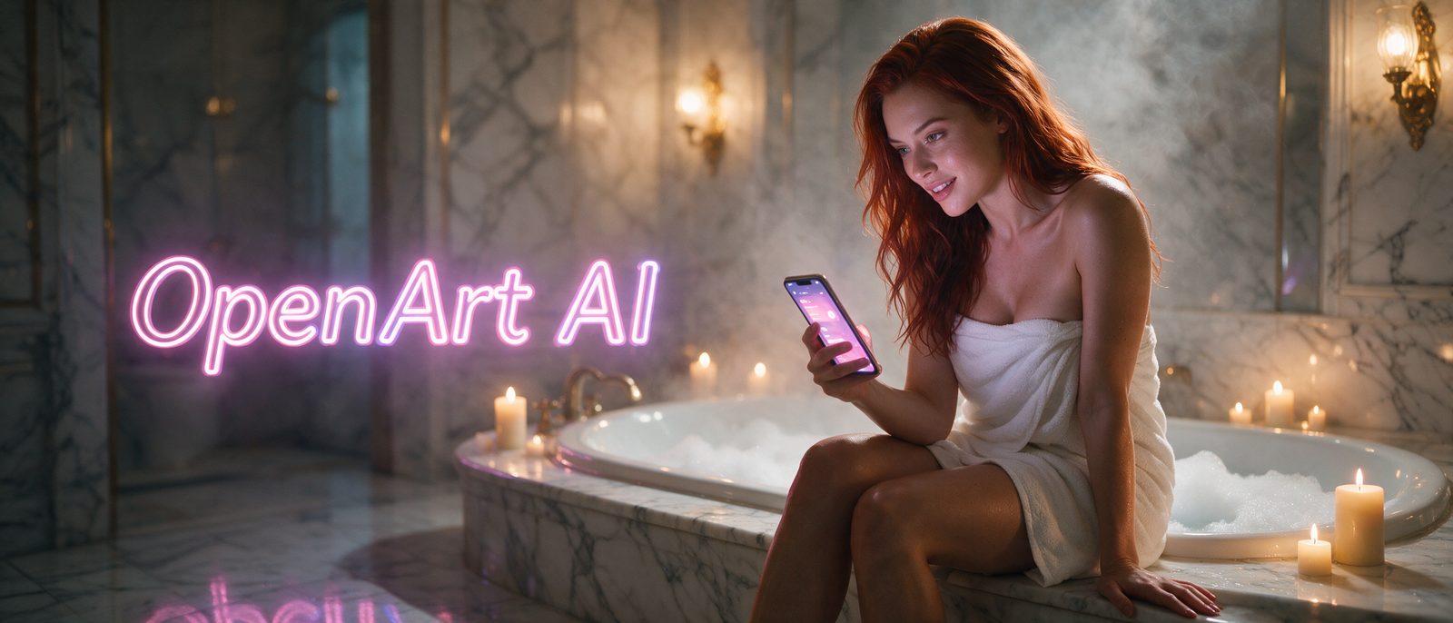 Modelo generada por IA con un smartphone en un baño de mármol con espuma y vapor, junto al rótulo estilizado de OpenArt AI — ilustración editorial