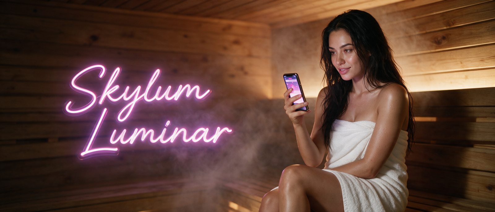 Modelo generada por IA con un smartphone en una sauna de madera con vapor cálido, junto al rótulo estilizado de Skylum Luminar — ilustración editorial