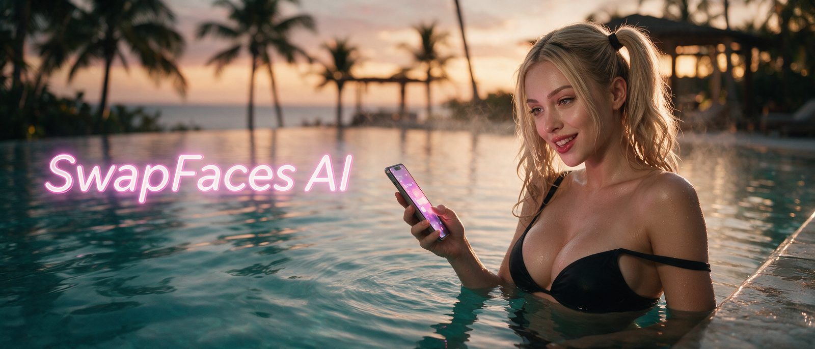 Modelo generada por IA con un smartphone en una piscina infinita al atardecer, junto al rótulo estilizado de SwapFaces AI — ilustración editorial