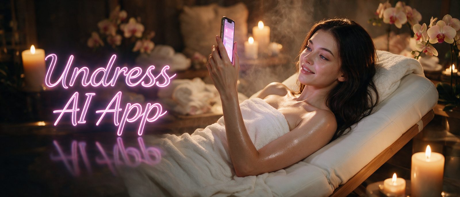 Modelo generada por IA con un smartphone en una sala de masajes de un spa de lujo, junto al rótulo estilizado de Undress AI App — ilustración editorial