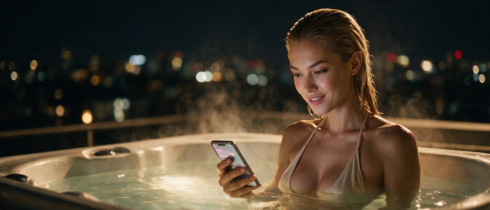 Modelo generada por IA con un smartphone en un jacuzzi en una azotea nocturna — ilustración editorial