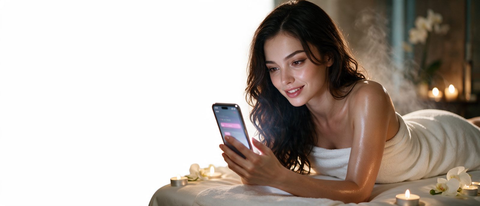 Modelo generada por IA con un smartphone en una sala de masajes de un spa de lujo — ilustración editorial