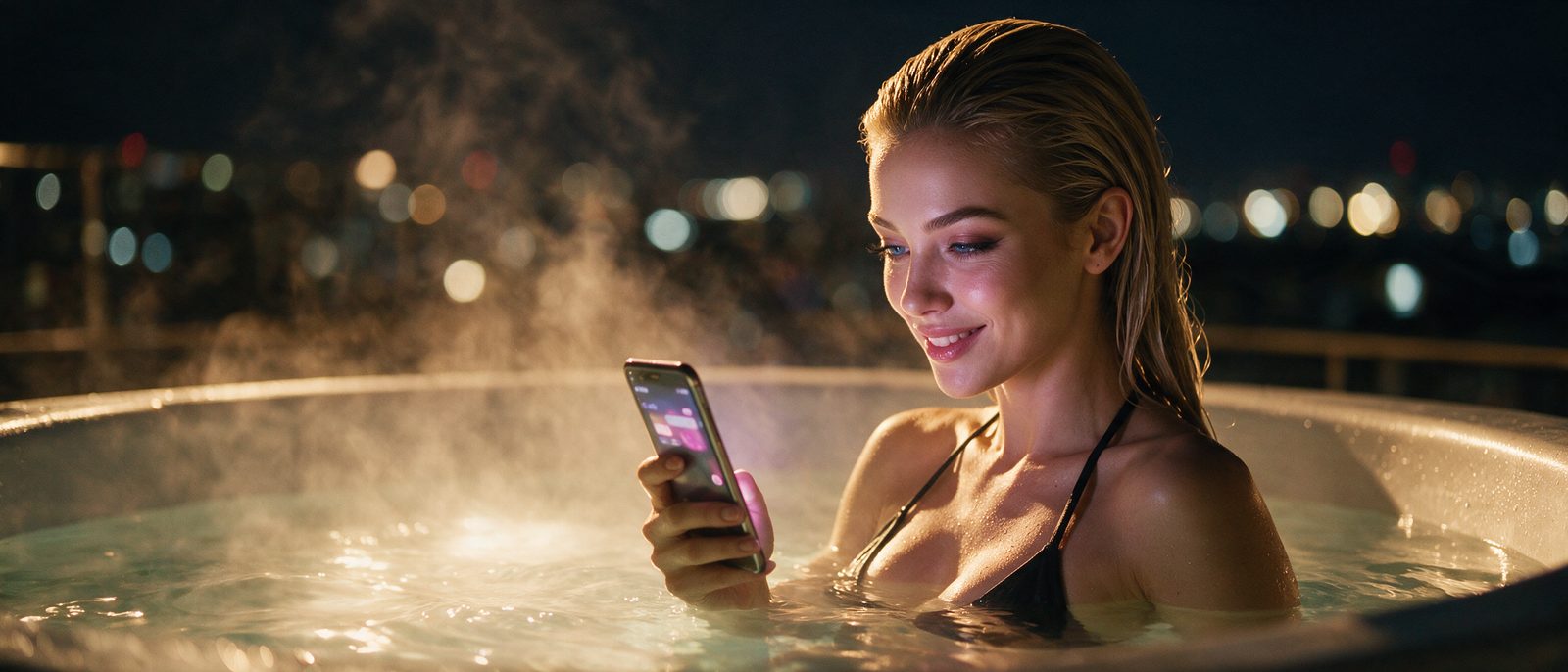 Modelo generada por IA con un smartphone en un jacuzzi en una azotea nocturna — ilustración editorial