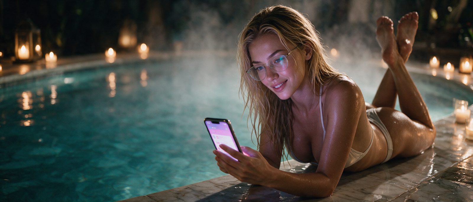 Modelo generada por IA con un smartphone en una piscina nocturna con velas — ilustración editorial