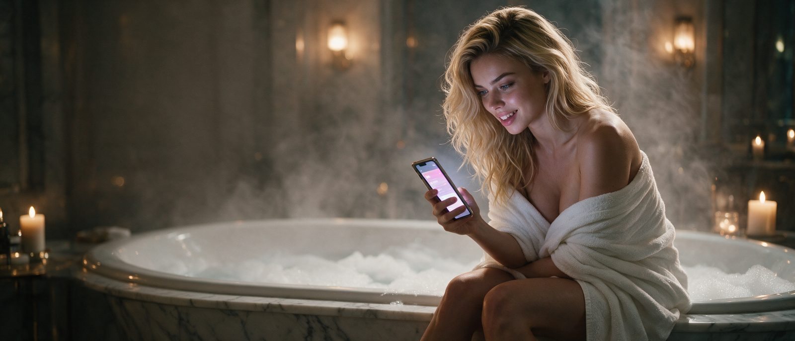 Modelo generada por IA con un smartphone en un baño de mármol con espuma y vapor — ilustración editorial