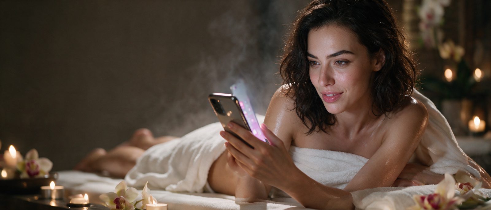Modelo generada por IA con un smartphone en una sala de masajes de un spa de lujo — ilustración editorial