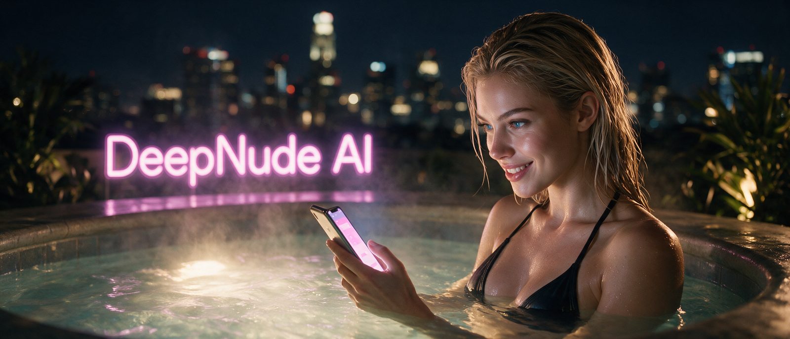 Modelo generada por IA con un smartphone en un jacuzzi en una azotea nocturna, junto al rótulo estilizado de DeepNude AI — ilustración editorial