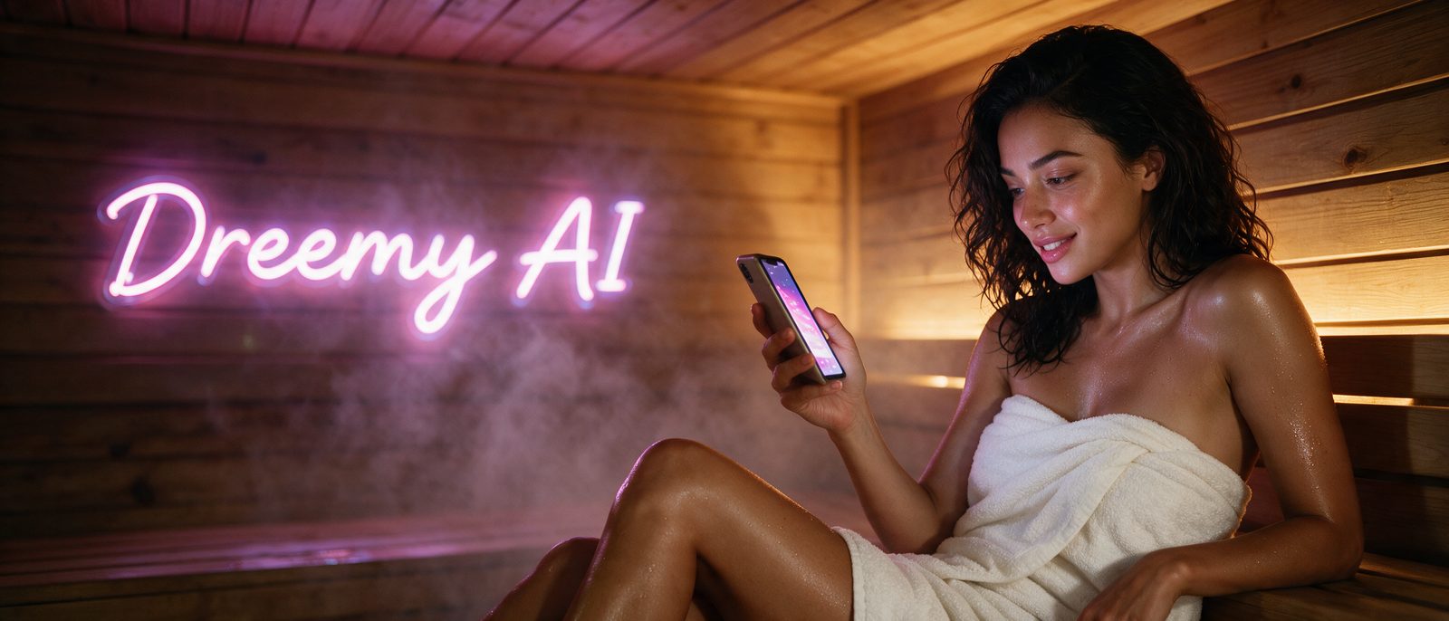 Modelo generada por IA con un smartphone en una sauna de madera con vapor cálido, junto al rótulo estilizado de Dreemy AI — ilustración editorial