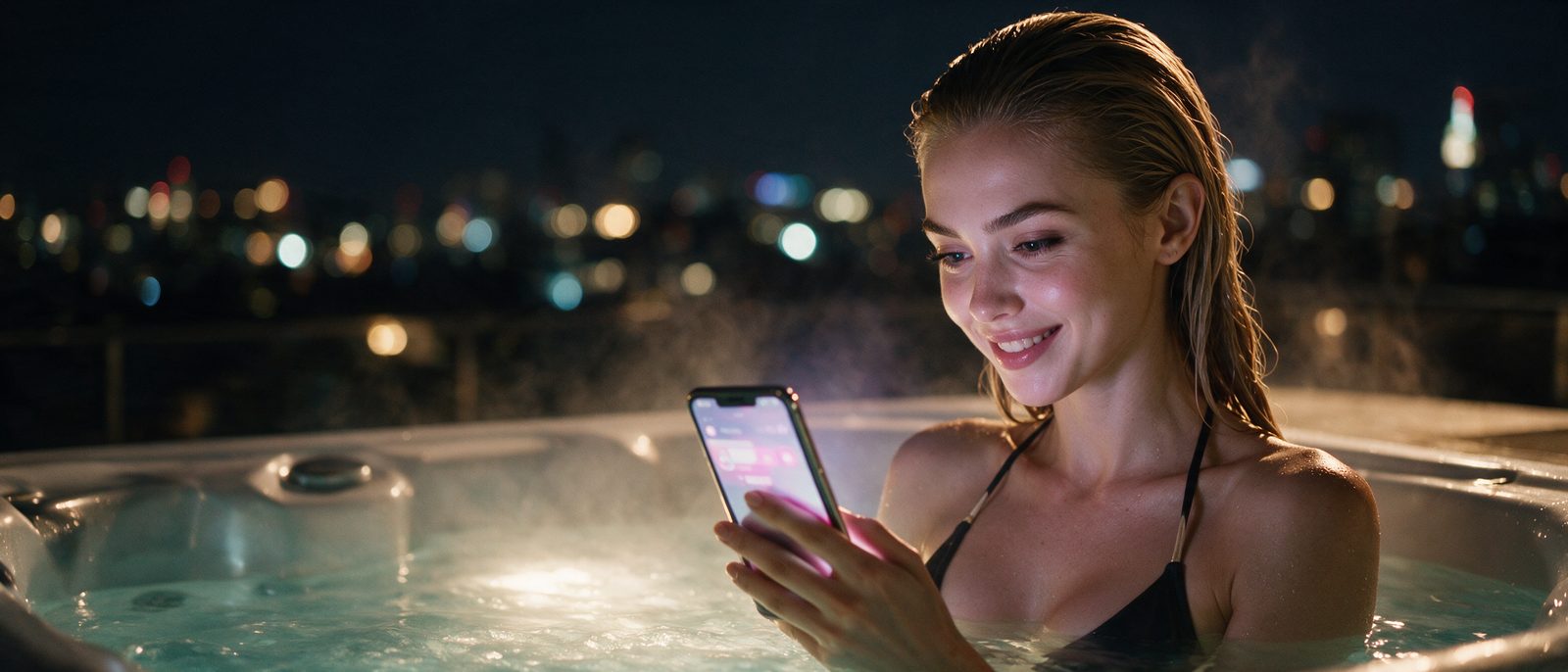 Modelo generada por IA con un smartphone en un jacuzzi en una azotea nocturna — ilustración editorial