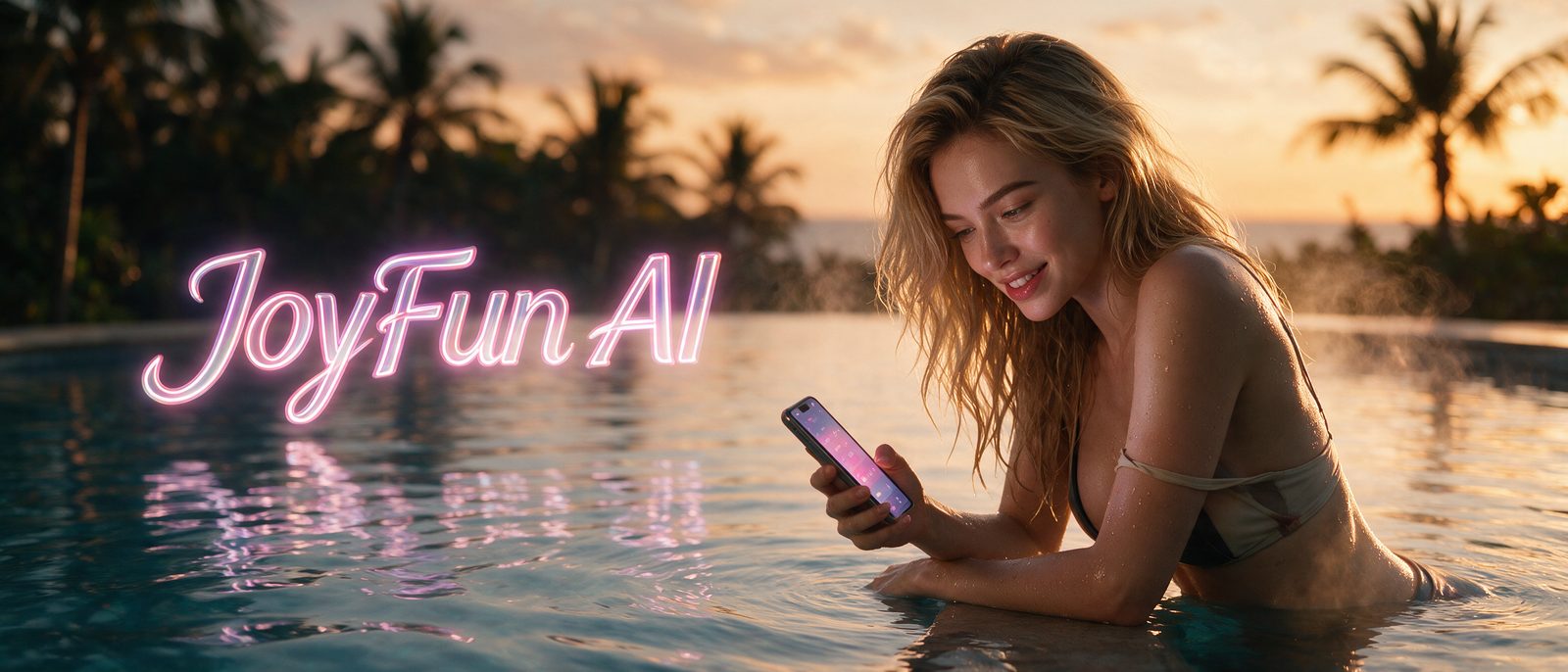 Modelo generada por IA con un smartphone en una piscina nocturna con velas, junto al rótulo estilizado de JoyFun AI — ilustración editorial