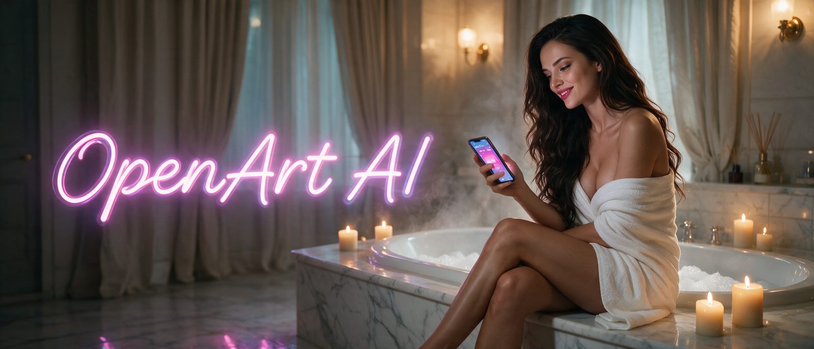 Modelo generada por IA con un smartphone en un baño de mármol con espuma y vapor, junto al rótulo estilizado de OpenArt AI — ilustración editorial