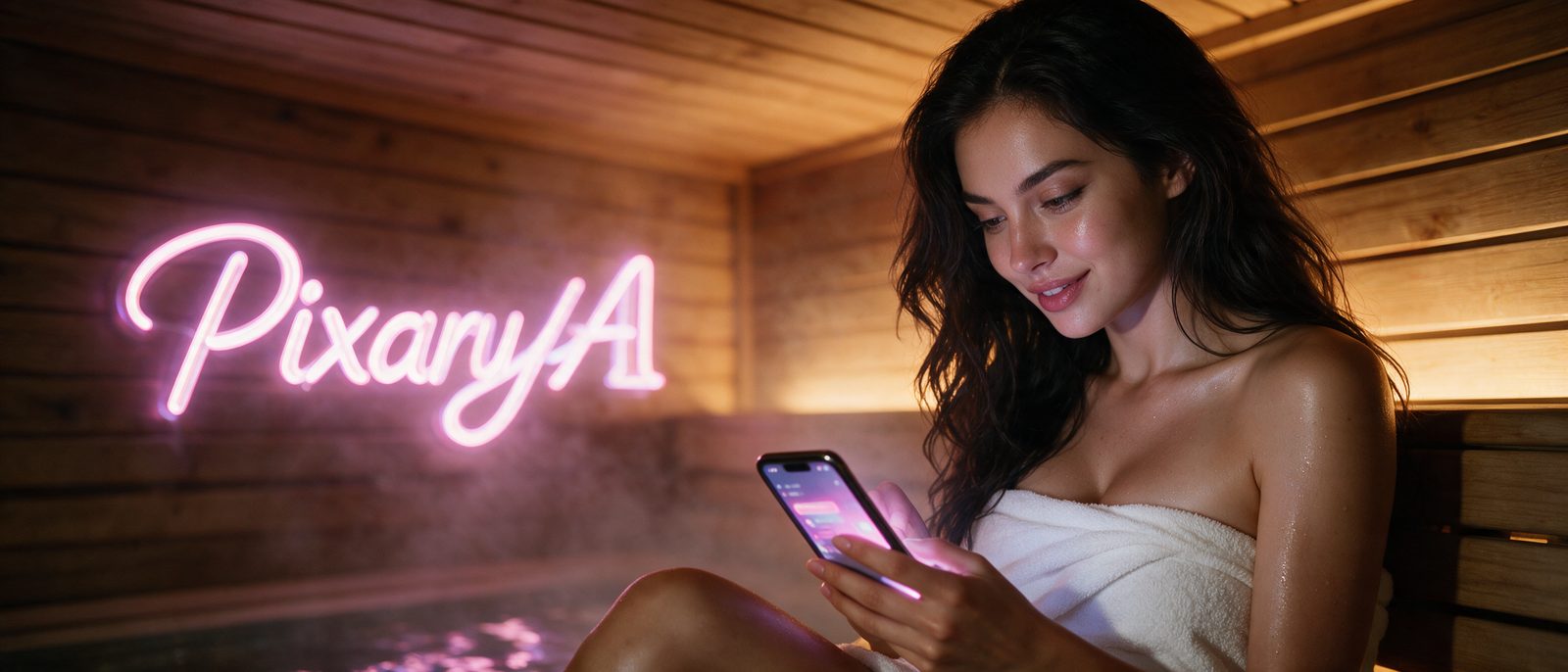 Modelo generada por IA con un smartphone en una sauna de madera con vapor cálido, junto al rótulo estilizado de PixaryAI — ilustración editorial