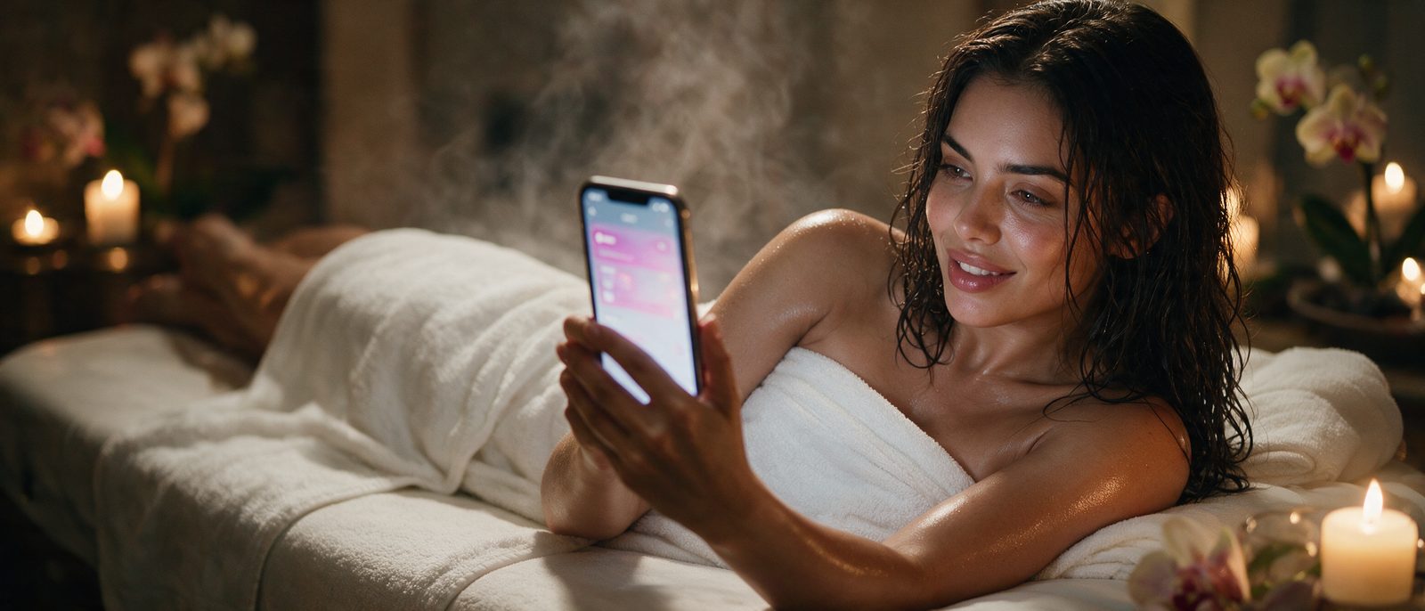 Modelo generada por IA con un smartphone en una sala de masajes de un spa de lujo — ilustración editorial