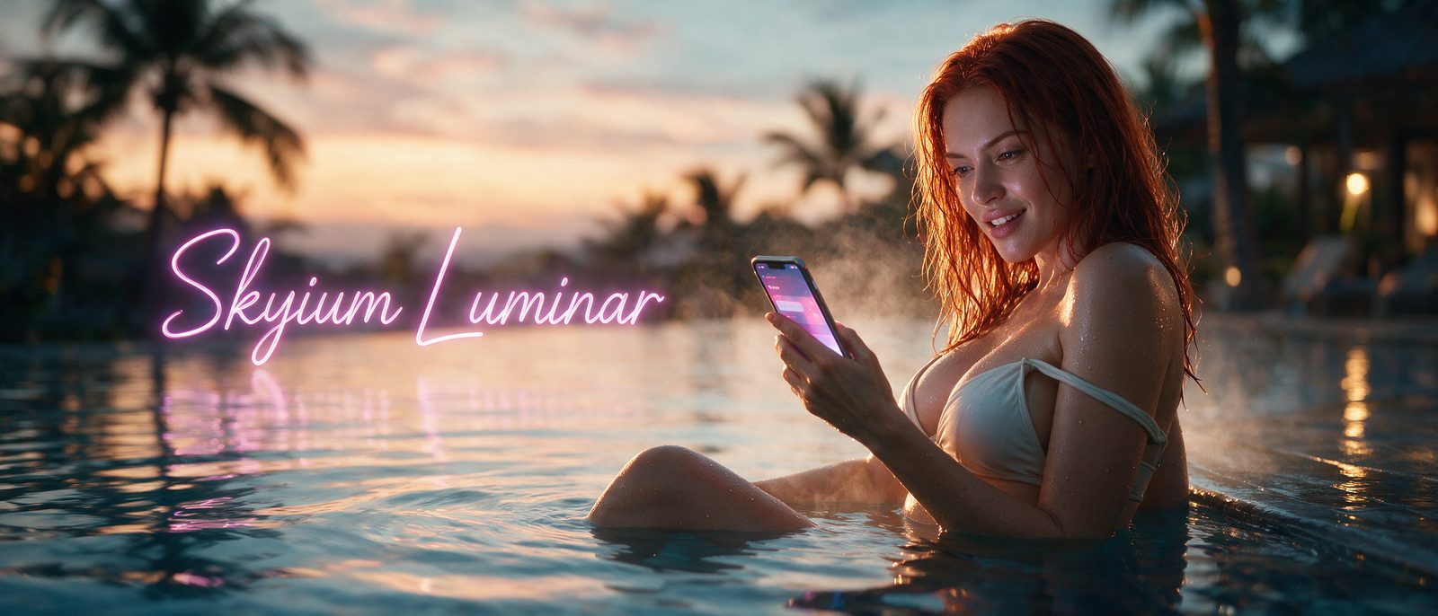 Modelo generada por IA con un smartphone en una piscina infinita al atardecer, junto al rótulo estilizado de Skylum Luminar — ilustración editorial