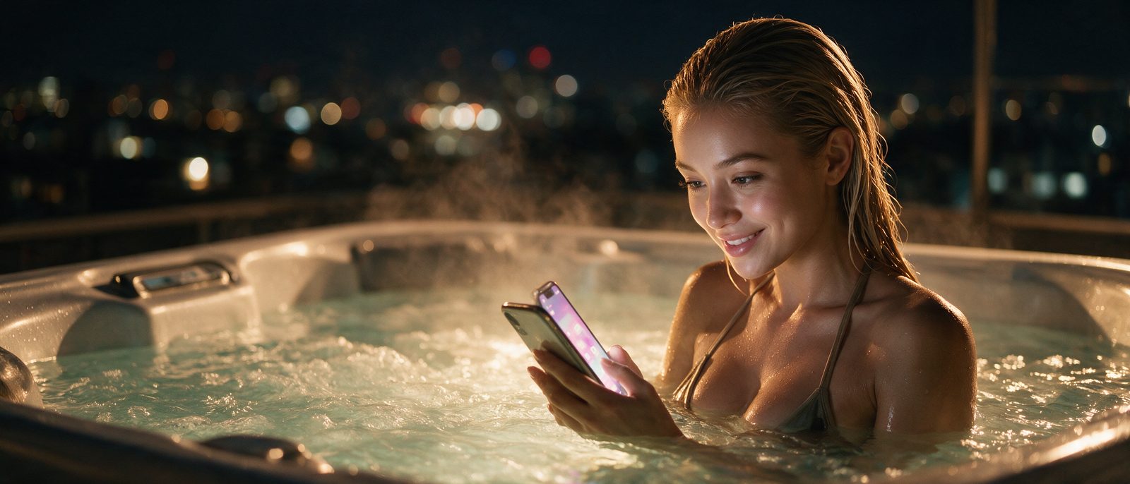 Modelo generada por IA con un smartphone en un jacuzzi en una azotea nocturna — ilustración editorial