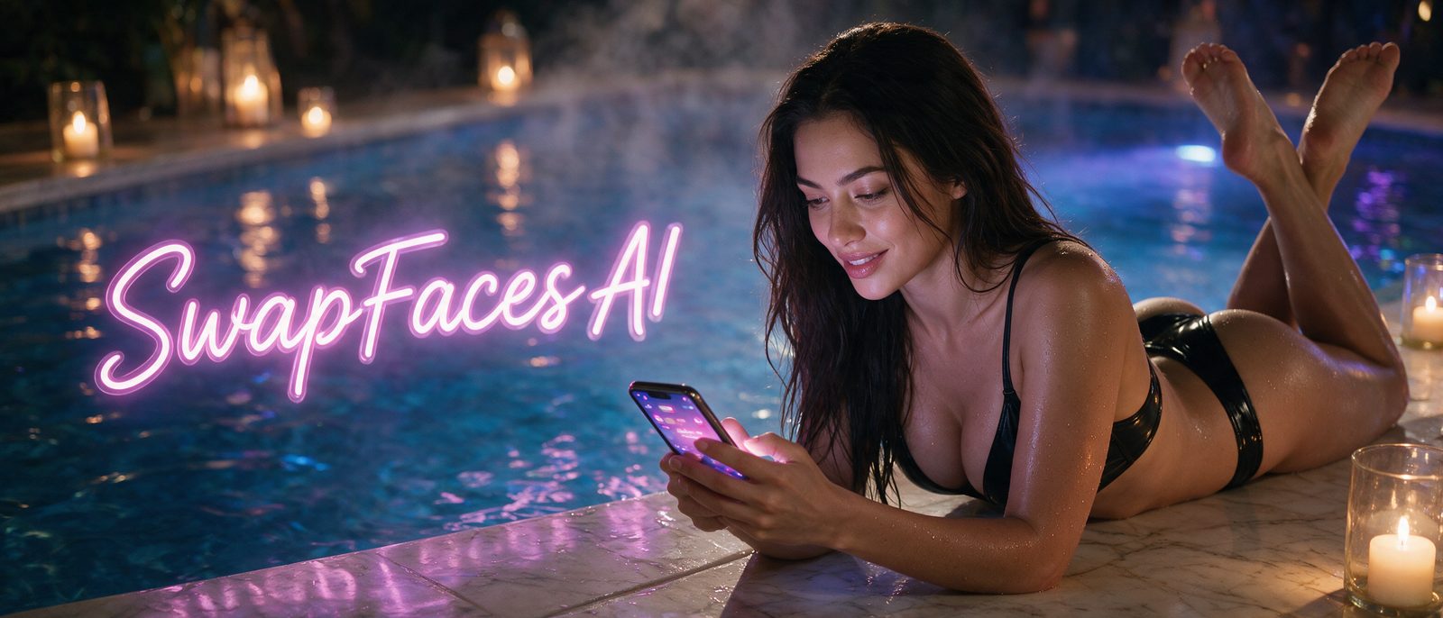 Modelo generada por IA con un smartphone en una piscina nocturna con velas, junto al rótulo estilizado de SwapFaces AI — ilustración editorial