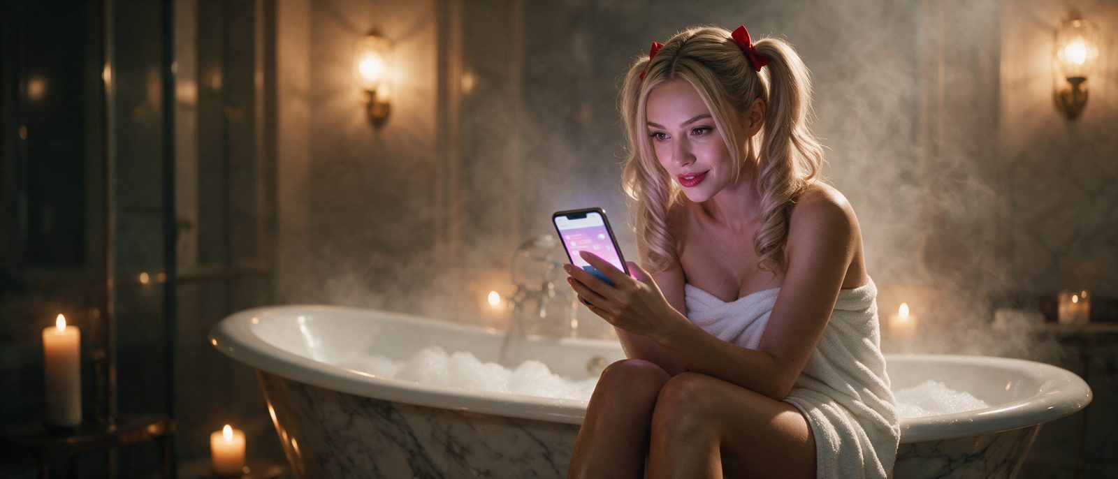 Modelo generada por IA con un smartphone en un baño de mármol con espuma y vapor — ilustración editorial