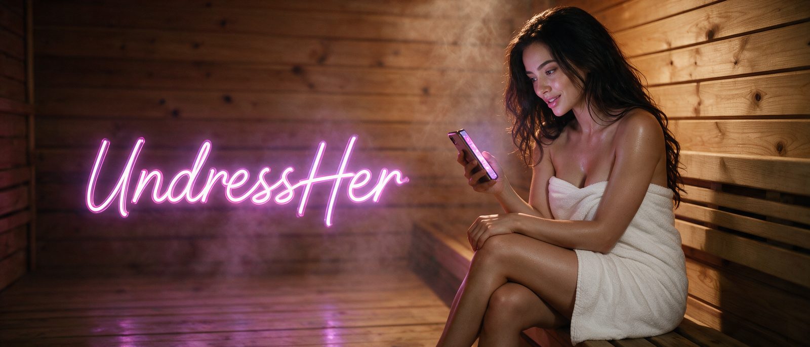 Modelo generada por IA con un smartphone en una sauna de madera con vapor cálido, junto al rótulo estilizado de UndressHer — ilustración editorial