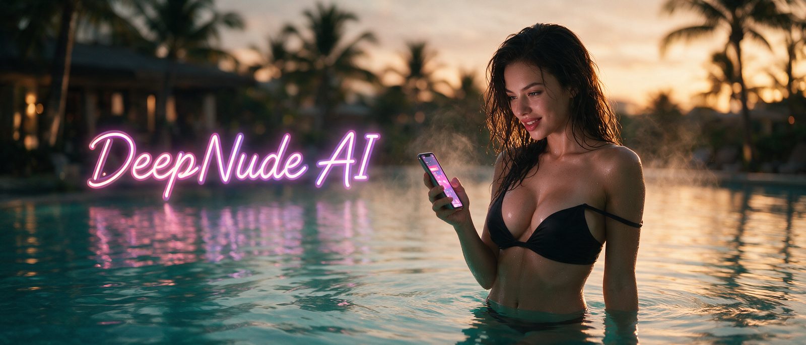 Modelo generada por IA con un smartphone en una piscina infinita al atardecer, junto al rótulo estilizado de DeepNude AI — ilustración editorial