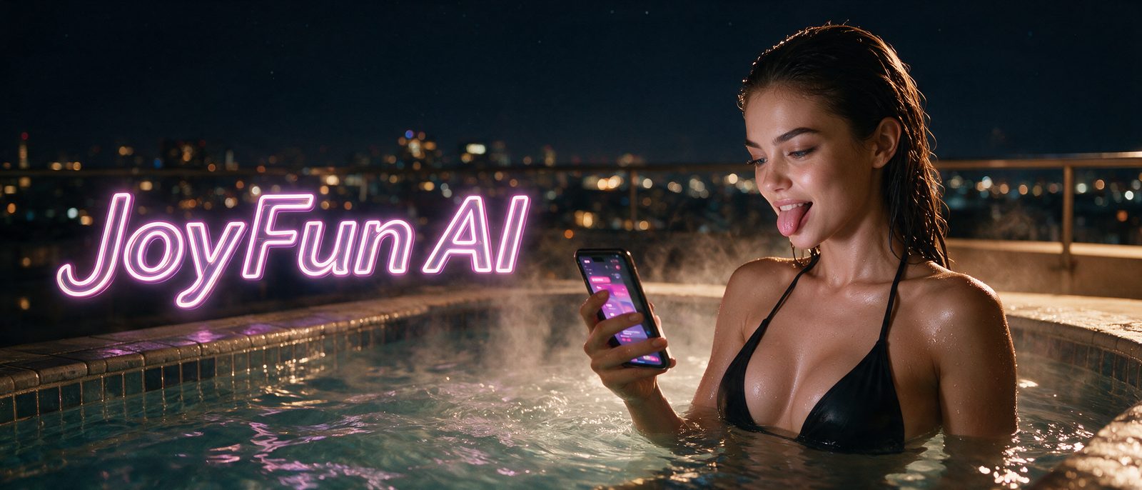 Modelo generada por IA con un smartphone en un jacuzzi en una azotea nocturna, junto al rótulo estilizado de JoyFun AI — ilustración editorial