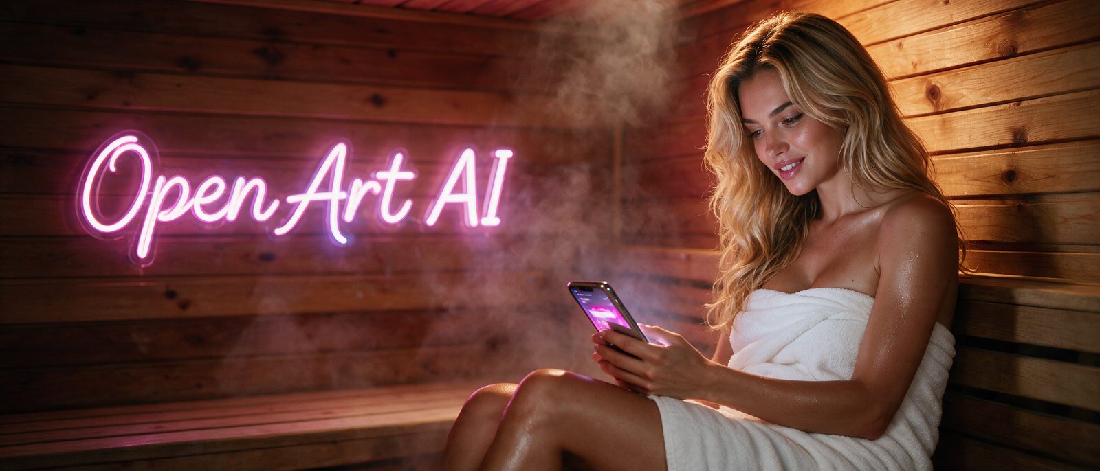 Modelo generada por IA con un smartphone en una sauna de madera con vapor cálido, junto al rótulo estilizado de OpenArt AI — ilustración editorial