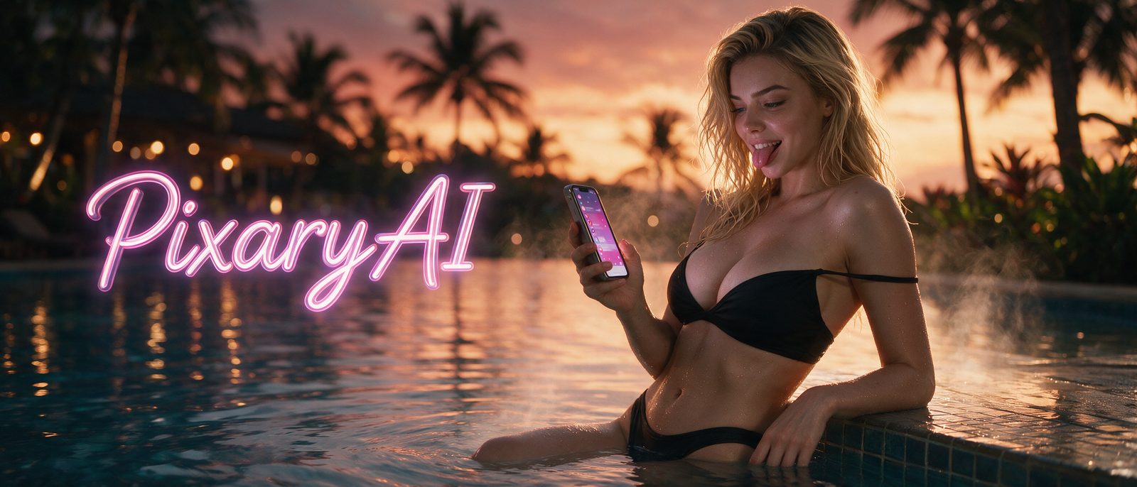 Modelo generada por IA con un smartphone en una piscina infinita al atardecer, junto al rótulo estilizado de PixaryAI — ilustración editorial