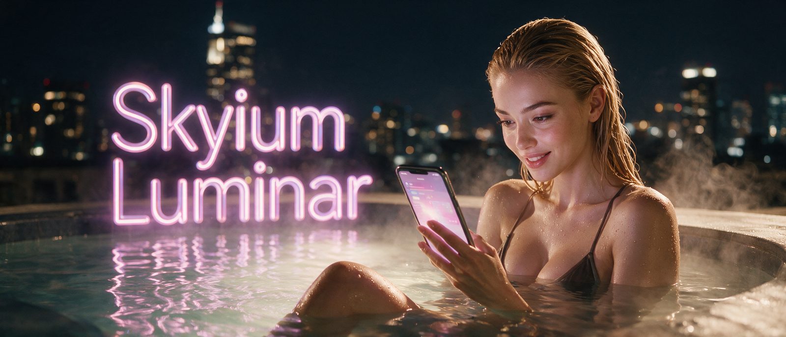 Modelo generada por IA con un smartphone en un jacuzzi en una azotea nocturna, junto al rótulo estilizado de Skylum Luminar — ilustración editorial