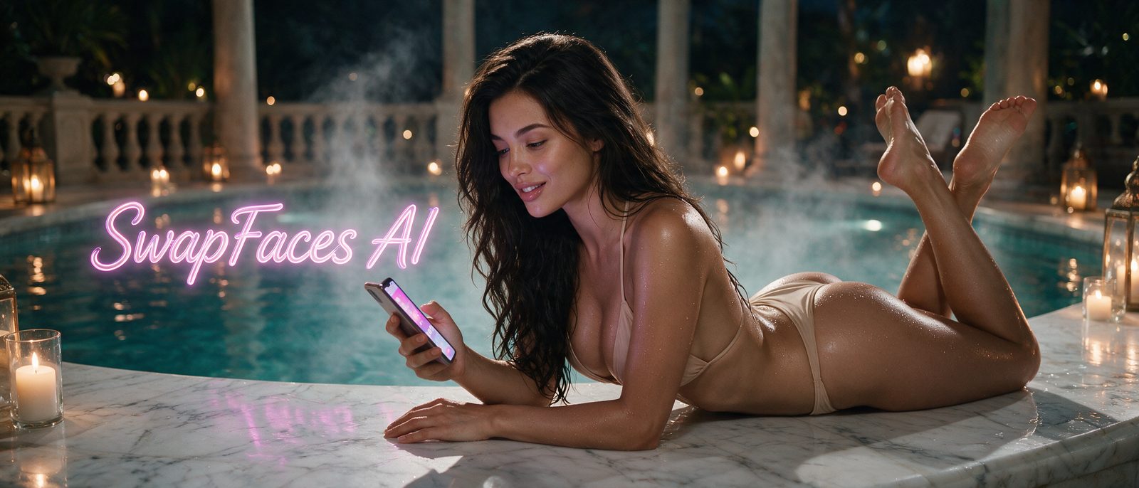 Modelo generada por IA con un smartphone en una piscina nocturna con velas, junto al rótulo estilizado de SwapFaces AI — ilustración editorial