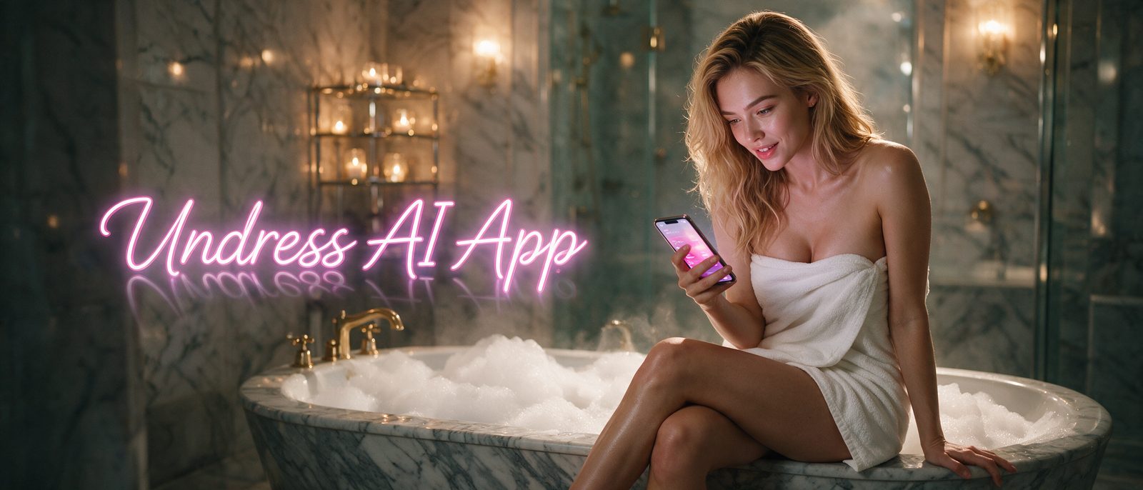 Modelo generada por IA con un smartphone en un baño de mármol con espuma y vapor, junto al rótulo estilizado de Undress AI App — ilustración editorial