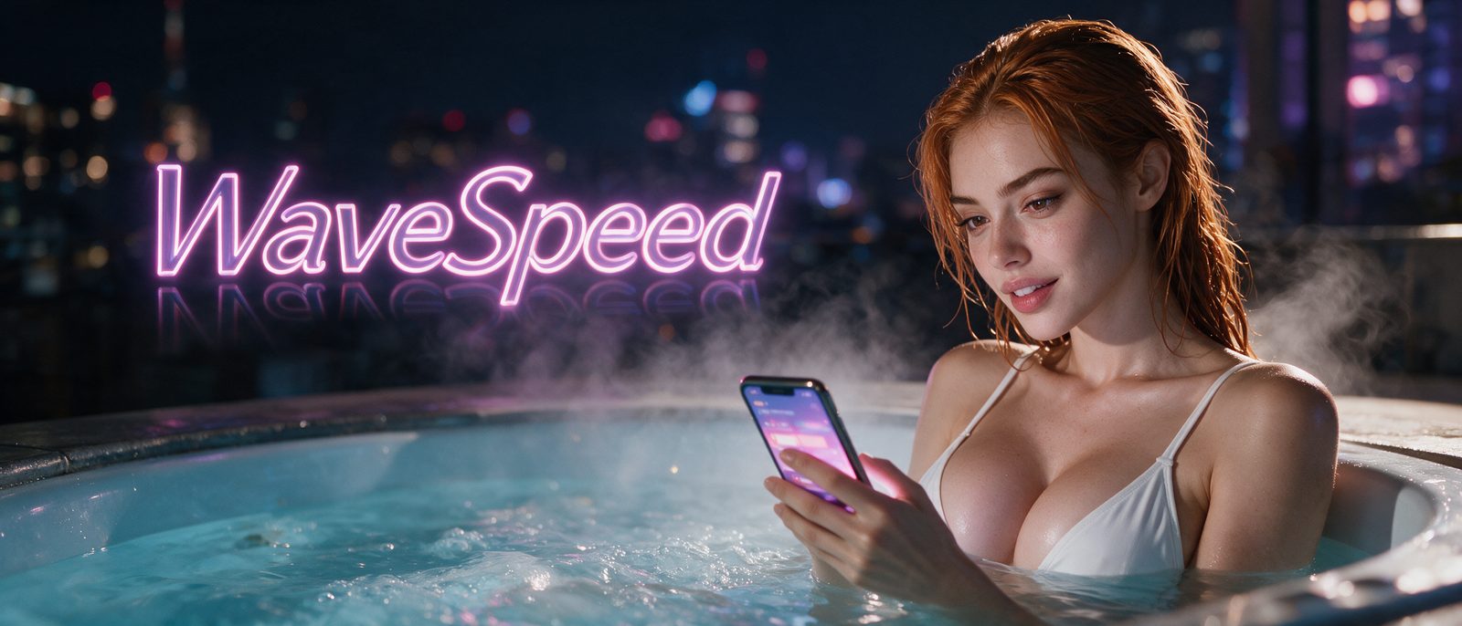 Modelo generada por IA con un smartphone en un jacuzzi en una azotea nocturna, junto al rótulo estilizado de WaveSpeed — ilustración editorial